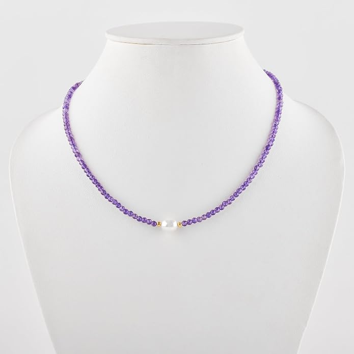 InfinityGemsArt Gemstone Gold Necklace For Women, Birthstone Natural Crystal Stone With Freshwater Pearl Beaded Jewelry, Gold Plated 18 Inch Chain