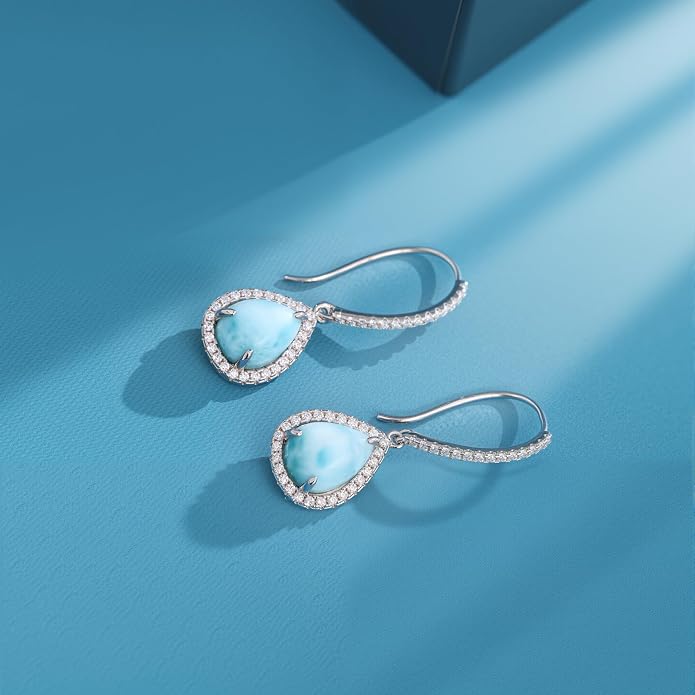 Larimar Dangle Earrings, 925 Sterling Silver Gemstone Larimar Drop Earrings for Women