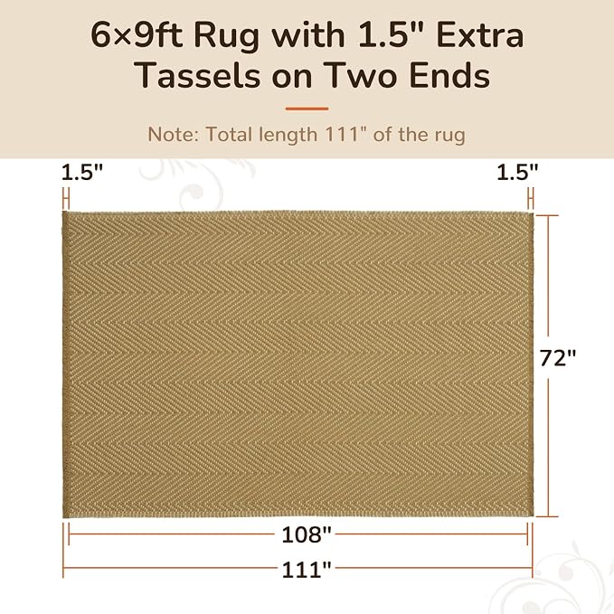 6x9 Washable Boho Area Rug with Tassels for Living Room Yellow Beige | Vacuum Friendly, Machine Washable, Non-Slip Rug, Modern Farmhouse Neutral Decor Carpet, Bedroom Dining Room Office Kitchen