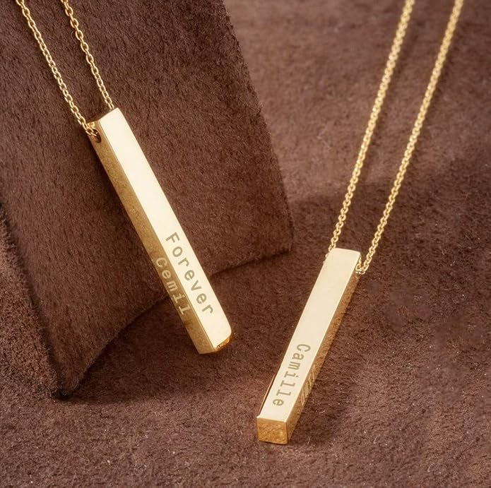 Xianofu Personalized Vertical Name Bar Necklace Fathers Day, Custom Message Engraved 4 Sided Bar Necklace Charm Stainless Steel Pendant for Men, Women