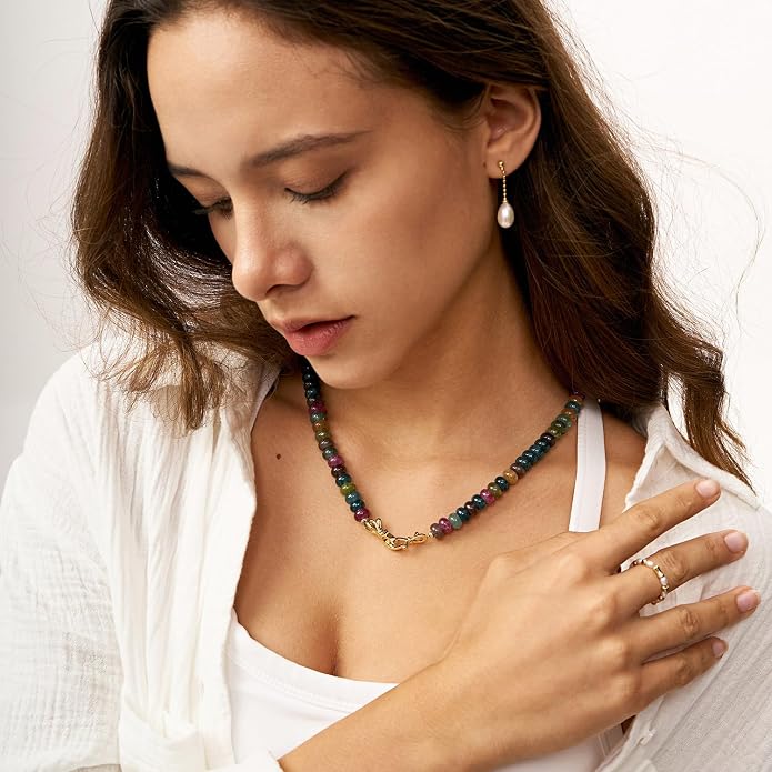 NLIEO Rainbow Colorful Gemstone Beaded Choker Necklace for Women 14K Gold Bow Birthstone Beads Chokers 18inches