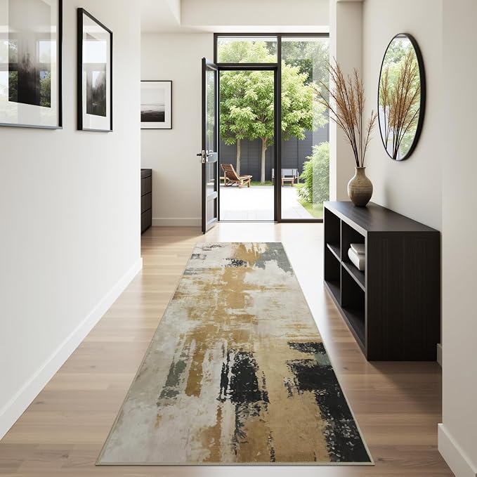 Joydeco 2x6 Washable Runner Rug for Hallway, Modern Abstract Non-Slip Soft Rugs, Low Pile Carpet for Entryway, Bedroom, Kitchen, Laundry, White &Beige & Dark Gray