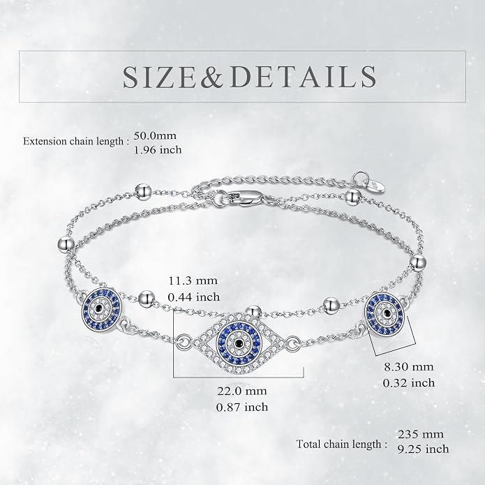 S925 Sterling Silver Evil Eye Anklet for Women, Protection Charm Ankle Bracelet, Adjustable Chain Anklet, Gift for Her