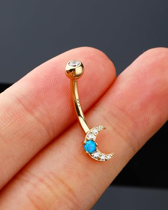 Jewseen 14K Gold Belly Button Rings Moon Belly Rings CZ Belly Button Piercing Opal Navel Rings Navel Piercing Jewelry for Women