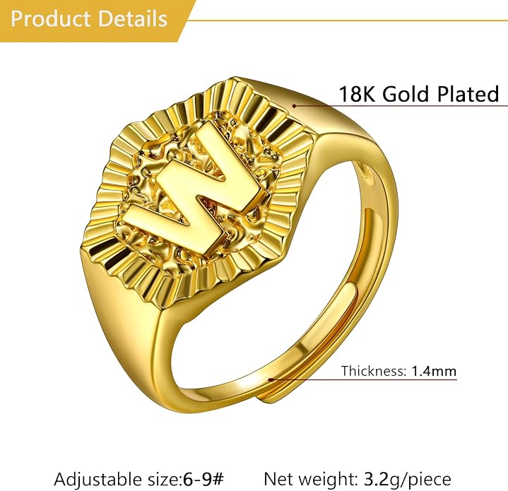 U7 Initial Ring Wedding Band for Men Women 18K Gold Plated Statement Hexagon A-Z Letter Jewelry Personalized Stackable Signet Rings