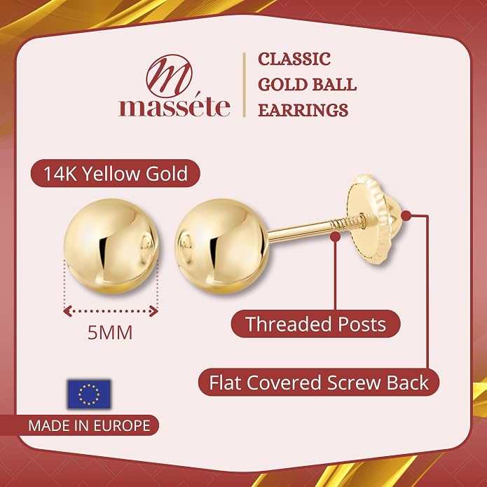 MASSETE Gold Ball Stud Earrings for Women and Girls Screwback | 10k, 14k, 18k | White Yellow or Rose Gold | 3mm 4mm 5mm | Nickel Free