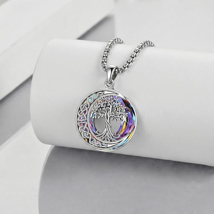 Tree of Life Necklaces S925 Sterling Silver Crystal Tree of Life Pendant Necklace Celtic Knot Moon Tree of Life Jewelry for Women Gifts