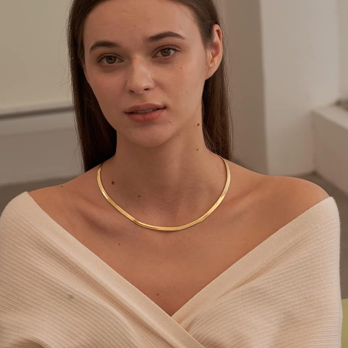 CHESKY Gold Necklace for Women-14K Plated/S925 sterling silver Snake Chain Necklace Dainty Simple Chunky Herringbone Necklace Gold Choker Necklaces Jewelry for Women Mothers Day Gifts for Mom