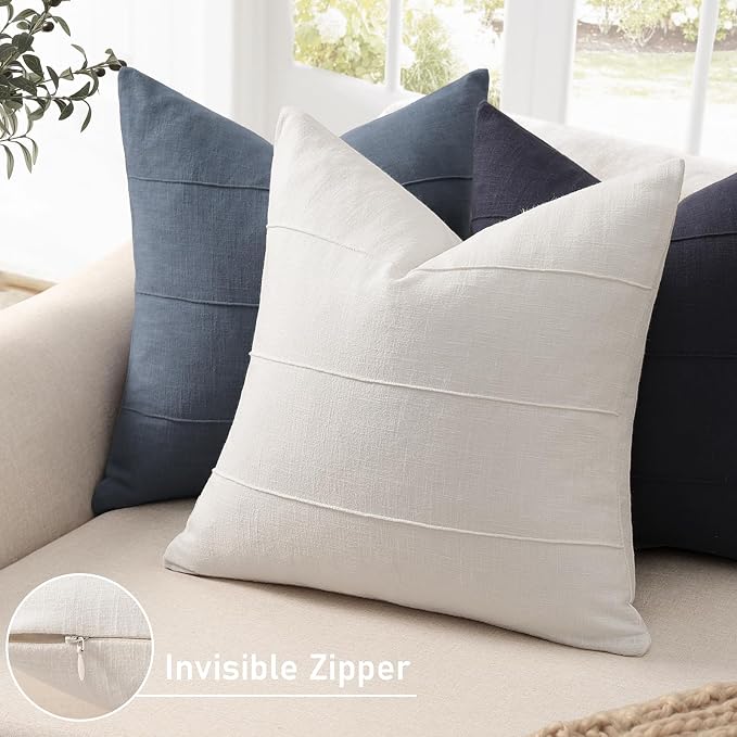 Decorative Linen Throw Pillow Covers 26x26 Set of 2 Solid handcrafted Striped Cushion Covers for Bed Soft Modern Farmhouse Neutral Pillowcase for Couch Bedroom Living Room Home Decor(Cream White)