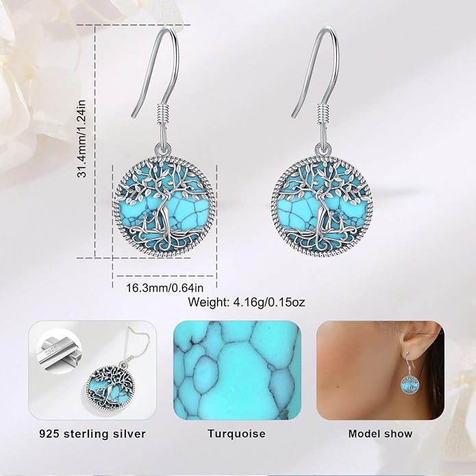 Vito 925 Sterling Silver Teardrop Earrings for Women, Moonstone Turquoise Drop Dangle Earrings Cat Snake Turtle Tree of Life Leverback Earrings Boho Jewelry Gift for Mom Wife