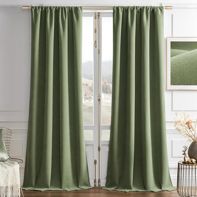 Joydeco Blackout Velvet Curtains Coconut Green 90 Inch Rod Pocket | Luxury Thermal Insulated Velvet Curtains for Bedroom Living Room, Soundproof Blackout Window Drapes