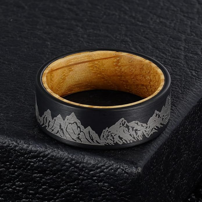 Forest Rings for Men 8 mm Black Plated Wedding Band with Wood Liner Comfort Fit