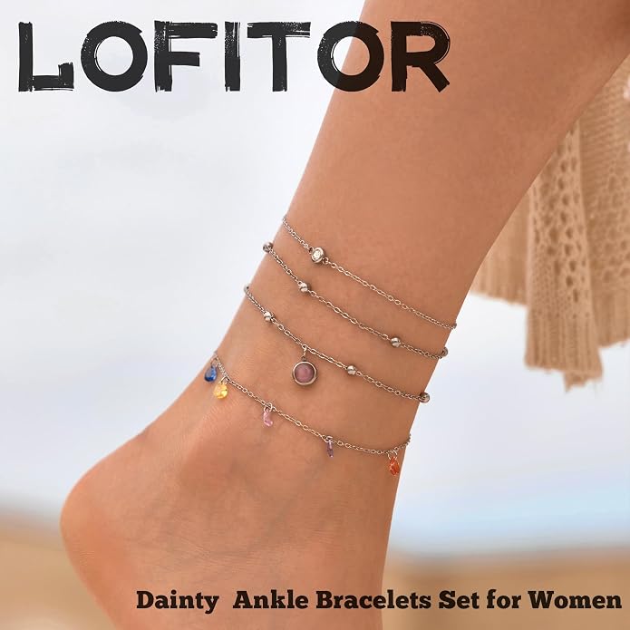 LOFITOR Ankle Bracelets for Women Glitter Waterproof Adjustable Anklet Set for Women 18K Gold Plated Silver Charm Dainty Layered Anklets, Summer Beach Anklet Jewelry for Women