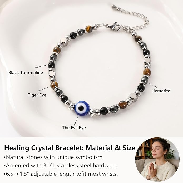 Jardme Natural Healing Crystals Bracelets for Women, Anxiety Relief Triple Protection Good Luck, Kalm Bracelet, Inspirational Spiritual Jewelry Gift for Friends Daughter Mom 6.5+2 Inches