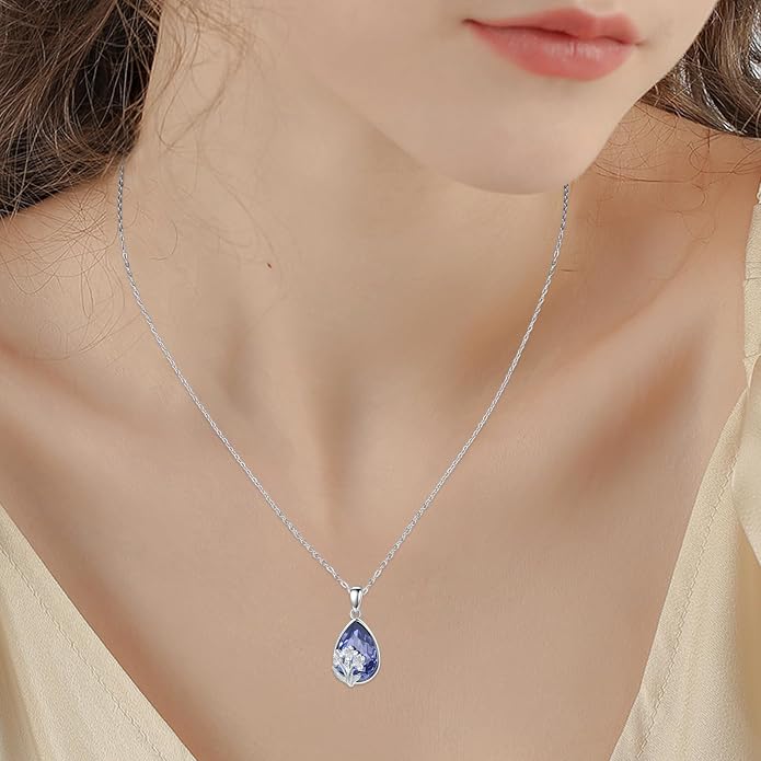 925 Sterling Silver Birth Flower Necklace with Teardrop Shaped Birthstone - 12 Colors, 12 Kinds of Flower - Ideal Birthday Jewelry Gift for Women, Mothers, Daughters & Wives
