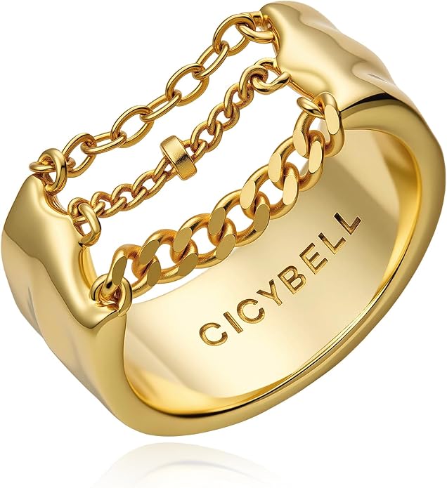 Cicy Bell Gold Rings for Women 18K Gold Plated Non Tarnish Chunky Wide Ring Chain Link Jewelry Gifts for Lovers and Mom Size 7