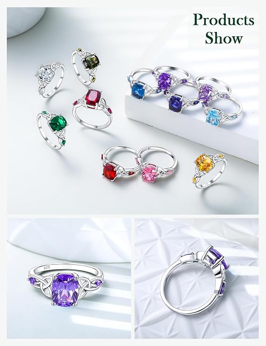 925 Sterling Silver Birthstone Rings for Women Cushion Cut Engagement Celtic Knot Ring Irish Jewelry Created Gemstone Anniversary Rings Size 6-10(with Box)