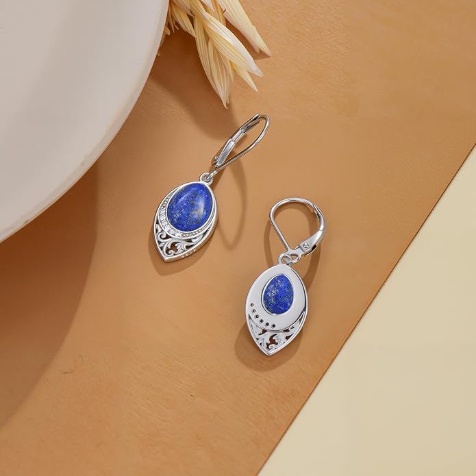 PROESS Filigree Teardrop Earrings S925 Sterling Silver Turquoise/Black Onyx/Peridot/Lapis Lazuli/Abalone Dangle Earrings Teardrop Jewelry for Women Mothers Day Birthday Christmas Gifts