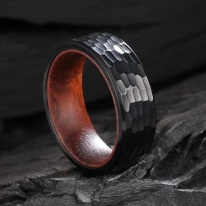 King Will 6/8mm Wedding Band for Men, Silver/Black Hammered Titanium Wedding Ring Inlaid Wood Inner Hole, Wedding Band for Men Matte Brushed Comfort Fit 7-14
