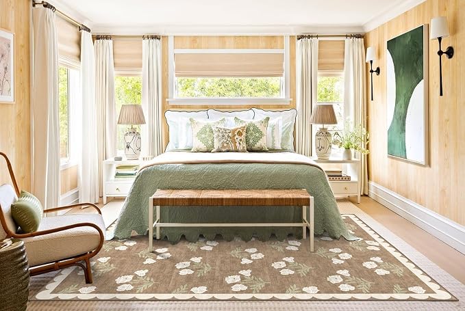 Boho Tan Living Room Rug 6x9 - Soft Washable Floral Neutral Farmhouse Scalloped Bedroom Area Rug Stain Resistant Dining Room Rugs for Under Table Non Slip Rugs for Bedroom Living Room Decor