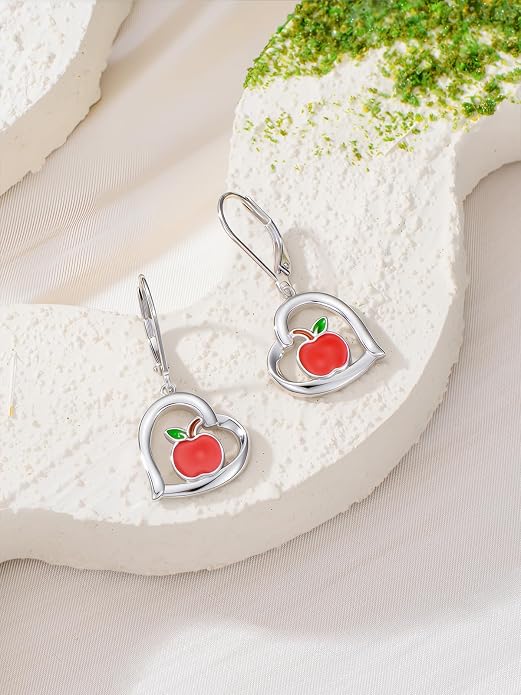 Midari Heart Dangle Earrings 925 Sterling Silver Leverback Drop Earrings Teacher Music Art Jewelry Gifts for Women Students Apple/Guitar/Palette/Note Design