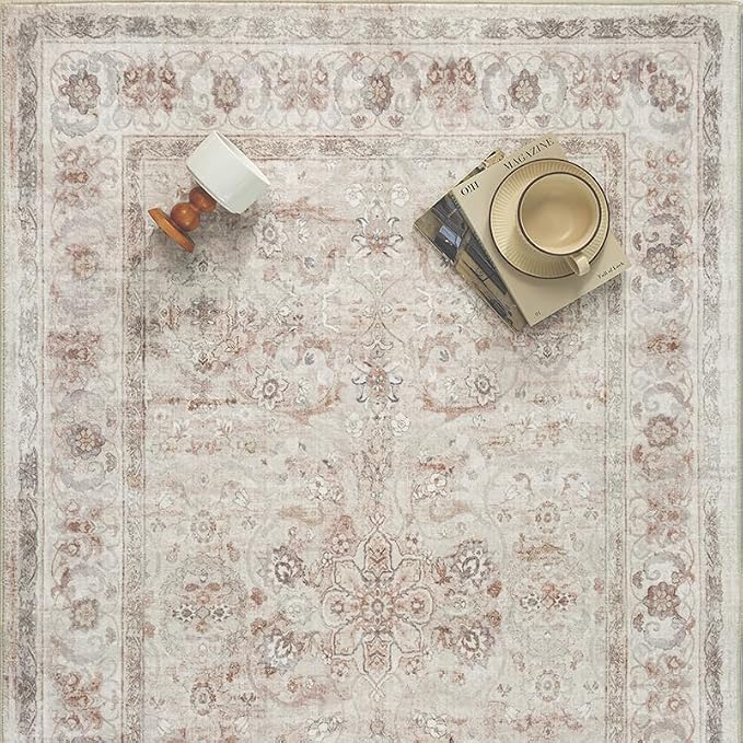 PureCozy 3x5 Area Rug Entryway Beige Washable Vintage Carpet Office Small Indoor Non Slip Soft Low Pile Thin Stain Resistant Distressed Accent Throw Rug for Entrance Bedroom Dining Living Room