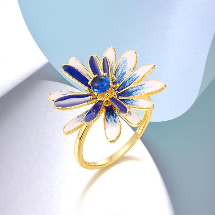 Santuzza 925 Sterling Silver Enamel Flower Statement Ring for Women