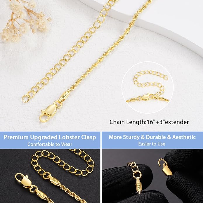 Jewlpire 925 Sterling Silver Plated Rope/Cuban/Paperclip/Herringbone Chain Necklaces for Women, 18K Gold Plated Chain Necklace,Hypoallergenic Women's Chain Necklaces 16+3 Inch