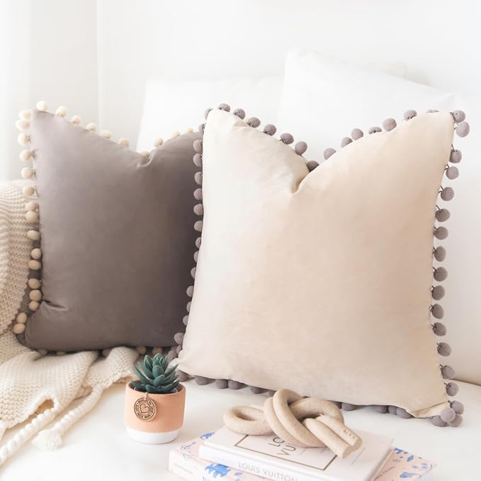MONDAY MOOSE Decorative Throw Pillow Covers Cushion Cases, Set of 2 Soft Velvet Pom Poms Double-Sided Designs, Pillow Inserts Not Included (18x18 inch, Stone Gray/Beige Cream)