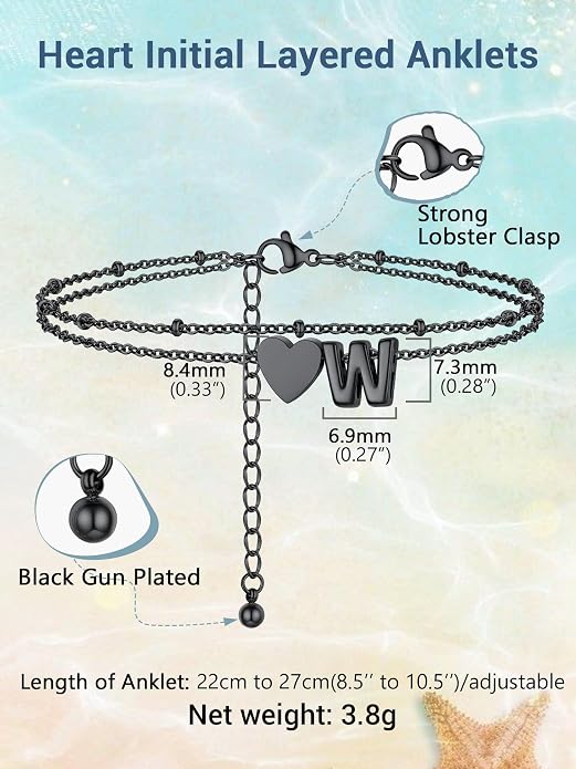 Initial Ankle Bracelets for Women, Dainty Stainless Steel Letter A-Z Layered Anklets, Heart Ankle Bracelet 8.5"-10.5" Adjustable, Summer Beach Jewelry, Come with Box
