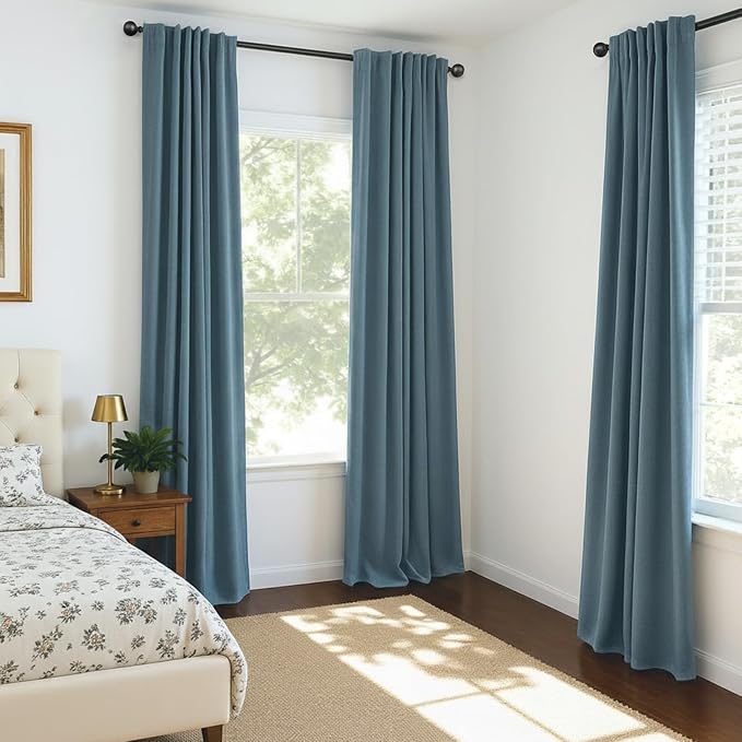 INOVADAY 100% Blackout Curtains for Bedroom, Stone Blue Black Out Curtains 84 Inch Long, Clip Rings Linen Blackout Drapes, Thermal Insulated Room Darkening for Living Room, 2 Panels - W50xL84
