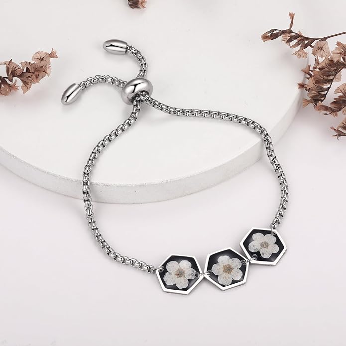 AUNTESIGN Forget-Me-Not Pressed Wildflower Bracelet | Pressed Flower Bracelet | Gold/Silver Pressed Flower Jewelry | Personalized Handmade Jewelry | Gift For Women