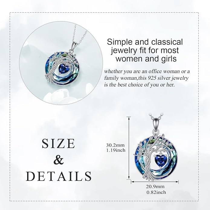 POPLYKE Mothers Day Gifts for Mom Her Wife Tree of Life Necklace 925 Sterling Silver Birthstone Pendant with Crystal Anniversary Birthday Wedding Jewelry for Women