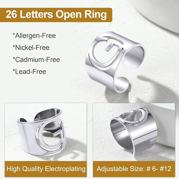 KeyStyle Bold Initial Letter Rings Adjustable, GoldChic Jewelry Women Gold Statement Ring Personalized Engraved Women’s Open Signet Ring for Party (Gold, White Gold, Black)