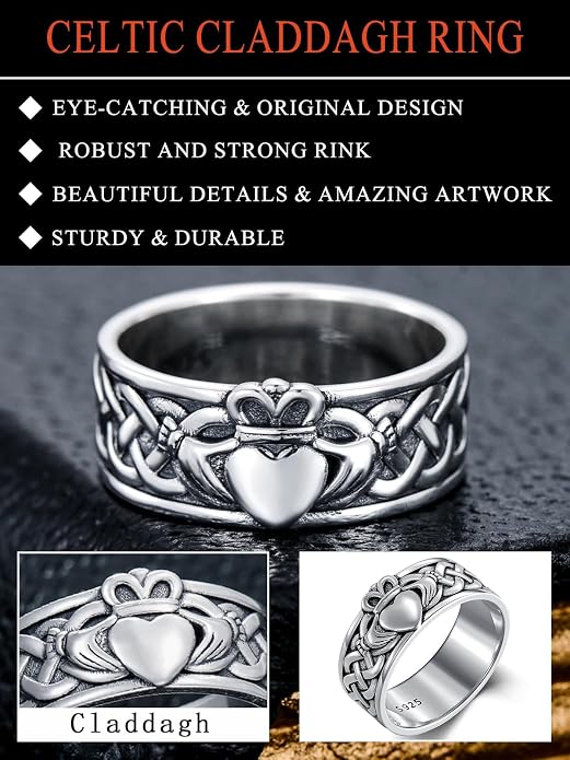 Seiyang Claddagh Ring 925 Sterling Silver Celtic Ring Jewelry Irish Band Gift for Men Women (with Gift Box)