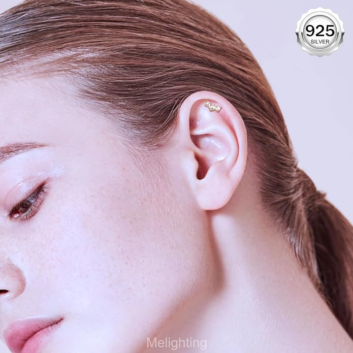 Melighting 16G Curved Helix Earring, Sterling Silver 925 Tragus Conch Stud Internally Threaded, Clear Marquise Round CZ Flat Back Lobe Labret Cartilage Piercing Jewelry for Women 6/8 mm