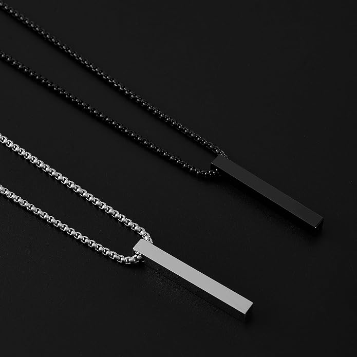 Fathers Day Custom Gifts Personalized 3D Bar Vertical Pendant Necklace - Custom 4 Sided Text Necklace Engraved Cuboid Stick Necklace