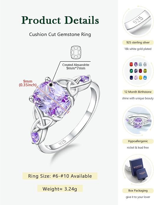 925 Sterling Silver Birthstone Rings for Women Cushion Cut Engagement Celtic Knot Ring Irish Jewelry Created Gemstone Anniversary Rings Size 6-10(with Box)