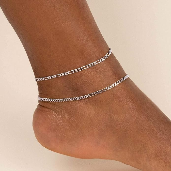 ChicSilver 925 Sterling Silver Ankle Bracelet for Women, Simple Cuban Link/Figaro/Twist Rope Chain Anklets for Beach Party(with Gift Box)