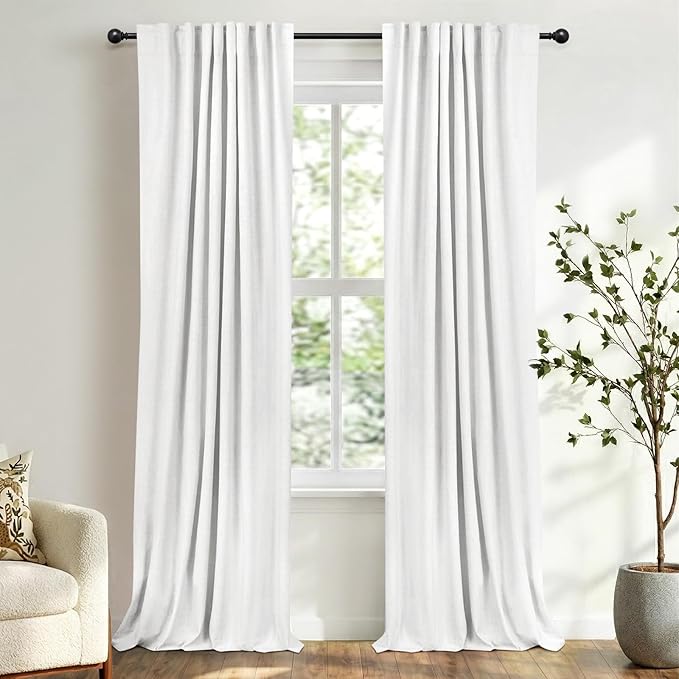 100% Blackout Shield White Linen Blackout Curtains for Bedroom 90 Inches Long, Back Tab/Rod Pocket Living Room Drapes, Thermal Insulated Blackout Curtains 2 Panels Set, 50" W x 90" L,Blanc de Blanc