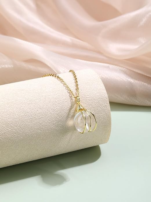 Jovivi Healing Crystal Stone Pendant Necklace Gold Wire Wrapped 16mm Natural Round Gemstone Ball Crystal Necklace for Women Men Reiki Quartz Jewelry