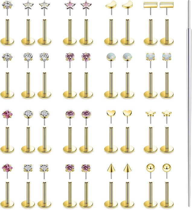 20G 18G 16G 14K Gold Filled Threadless Flat Back Earrings Studs Surgical Stainless Steel Opal CZ Nose Rings Studs Tragus Helix Conch Cartilage Earrings Piercing Jewelry For Women Men Silver