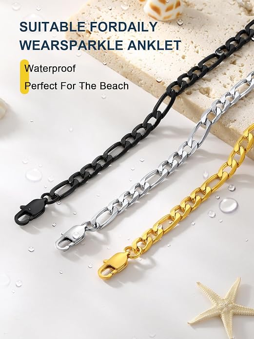 ChainsPro Resizable Anklet Chain for Women Men, Figaro/Wheat/Twist Rope/Cuban Foot Bracelet-Strong with Good Clasp-18K Gold Plated(Send Gift Box)