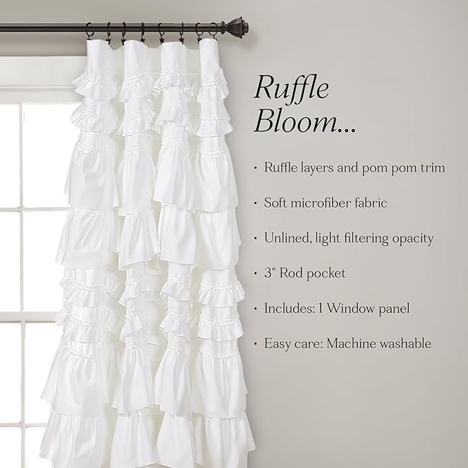 Lush Decor Kemmy Light Filtering Window Curtain Panel Single 52" W x 63" L White - Drapes - Ruffled Curtains for Bedroom - White Curtains - Coquette Decor