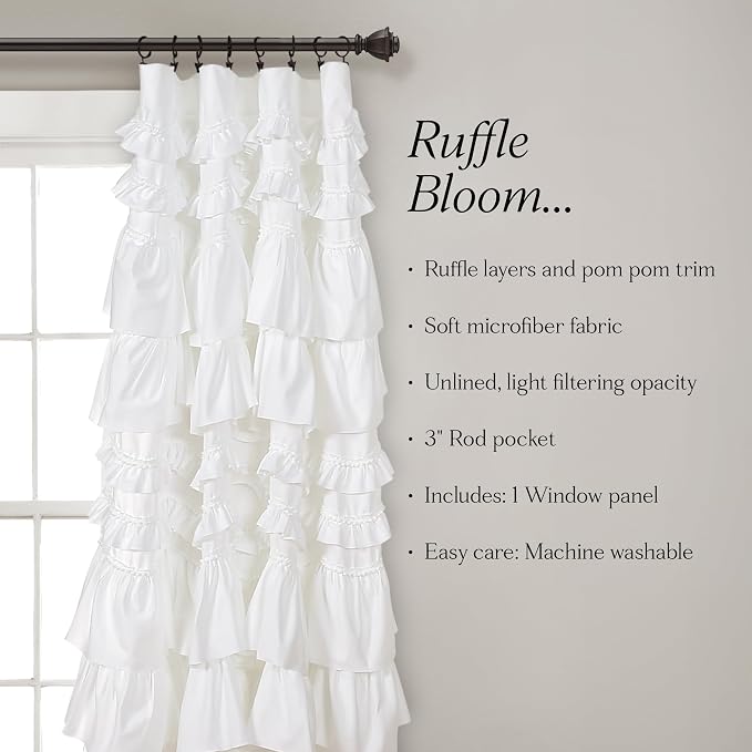 Lush Decor Kemmy Light Filtering Window Curtain Panel Single 52" W x 84" L White - Drapes - Ruffled Curtains for Bedroom - White Curtains - Coquette Decor