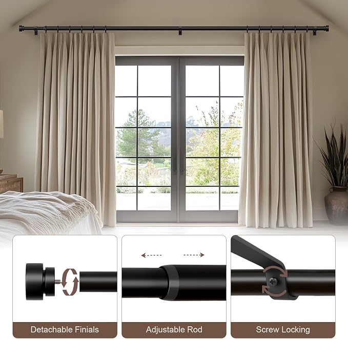 Lootkell Modern Black Curtain Rods for Windows 16 to 28 Inches Adjustable Length Heavy Duty 1" Diameter Window Curtain Rod with Decorative Finials for Outdoor Farmhouse Bedroom Kitchen Living Room