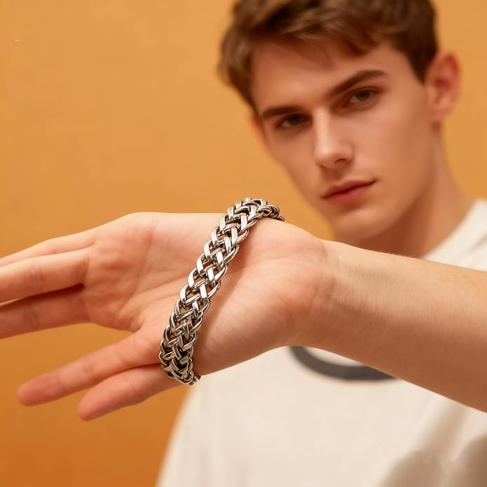 CaptainSteeL Cuban Link Chain Bracelet for Men- 316L Stainless Steel 9/10MM Width Fashion Pattern Snap Button Hip Hop Jewelry,Two Style Cuban Bracelets 18K Gold Plated/Stainless Steel with Gift Box