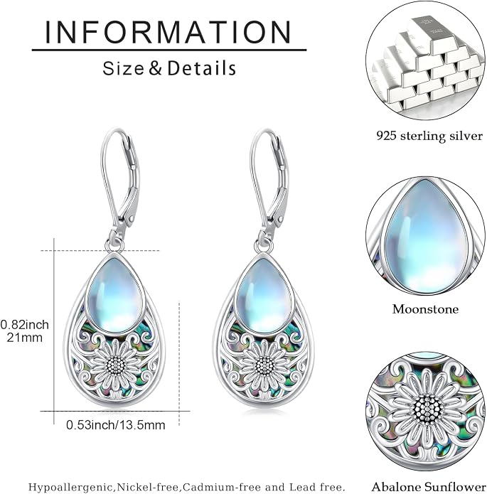 Dragonfly Filigree Earrings 925 Sterling Silver Teardrop Moonstone Abalone Shell Dangle Drop Earrings Filigree Jewelry Gifts for Women