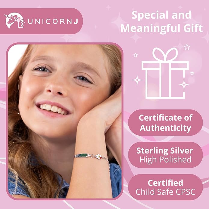 UNICORNJ 925 Italy Sterling Silver Child or Baby Name Bracelet Girls Boys, Personalized Engraved Kids ID Bracelets, 6.5" Figaro Chain, Enamel Charm Newborn Infant Toddler Kid Jewelry