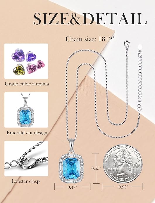 Princess Cut Necklaces for Women, 925 Sterling Silver Emerald Cut Birthstone Pendant Necklace Halo Square Rectangle Jewelry Gifts for Her